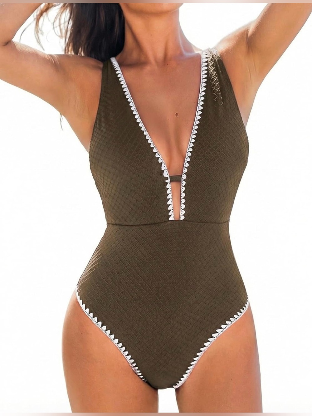 0106: Cupshe Coffee Brown One-Piece Swimsuit with White Trim